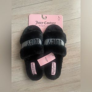 JUICY COUTURE, WOMEN'S NEW BLACK FURRY SLIP ON SLIPPERS W/RHINESTONES, SIZE L